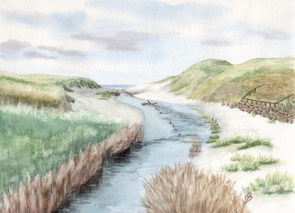 Postkarte DIN-A5  Aquarell Maritim Kunst Druck Kunstdruck Dünen Dänemark Nordsee Düne Meer Henne Strand Molle Fluss